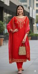 Heavily Embroidered Silk Suit Set with Dupatta