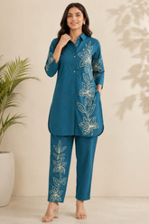 Stylish Teal Blue Cotton Embroidered Co-ord Set