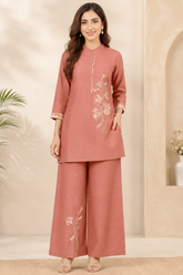 Elegant Dusty Rose Cotton Silk Embroidered Co-Ord Set