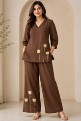Elegant Chocolate Brown Ghicha Cotton Appliqué Co-ord Set