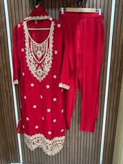 Beautiful Red Chinon Embroidered Kurta Set