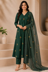 Emerald Green Cotton Embroidered A-Line Long Kurta Set with Dupatta