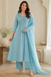 Beautiful Sky Blue Mul Chanderi A-Line Kurta Set with Dupatta