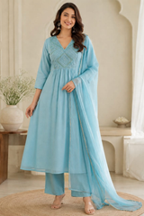 Beautiful Sky Blue Mul Chanderi A-Line Kurta Set with Dupatta