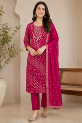 Beautiful Rani Pink Bandhani Print Rayon Kurta Set with Embroidered Neckline & Dupatta
