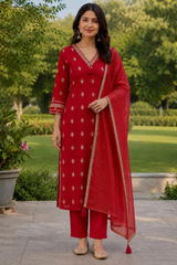 Elegant Red Dola Silk Embroidered Kurta Set with Dupatta