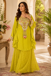 Gorgeous Lime Green Pure Crepe Embroidered Kaftan with Palazzo Set