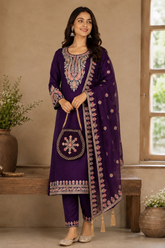 Royal Purple Vichitra Silk Kurta Set with Embroidered Dupatta & Potli Bag
