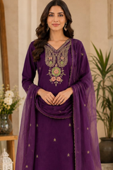 Royal Purple Dola Silk Embroidered Kurta Set with Dupatta