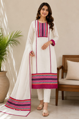 Elegant White Pure Self Dobby Cotton Embroidered Kurta Set with Dupatta