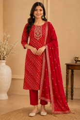 Elegant Red Bandhani Print Rayon Kurta Set with Embroidered Neckline & Dupatta