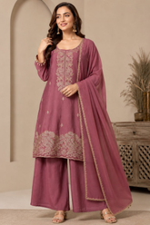 Elegant Mauve Chinon Kurta Set with Cutdana Embroidery