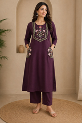 Beautiful Wine Dabu Cotton Embroidered Kurta Pant Set with Floral Pocket Detailing