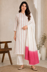 Elegant Off-White Striped Cotton Kurta Set with Pink Dip-Dyed Dupatta
