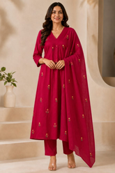 Rani Pink Cotton Embroidered A-Line Long Kurta Set with Dupatta