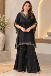 Elegant Black Chinon Embellished Kaftan Set with Flared Pants