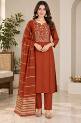 Beautiful Rust Roman Silk Embroidered Kurta Pant Set with Dupatta