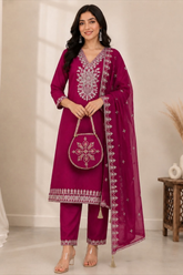 Magenta Vichitra Silk Kurta Set with Golden Jari, Cutdana & Beads Embroidery with Potli Bag