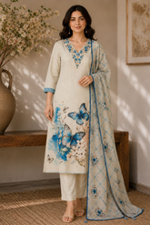 Graceful Off-White Linen Kantha Embroidered Kurta Set with Printed Dupatta