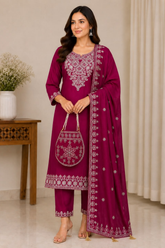 Rani Pink Vichitra Silk Kurta Set with Embroidered Dupatta & Potli Bag