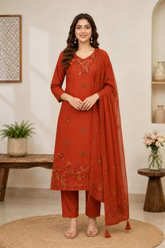 Elegant Rust Thread Embroidered Mul Chanderi A-Line Kurta Set with Dupatta