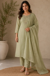 Sage Green Mul Chanderi Embroidered Kurta Set with Dupatta
