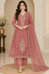 Graceful Dusty Rose Embroidered Salsa Kurta Set with Dupatta