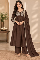 Graceful Chocolate Brown Mul Chanderi Embroidered Anarkali Suit Set