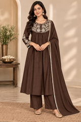 Graceful Chocolate Brown Mul Chanderi Embroidered Anarkali Suit Set