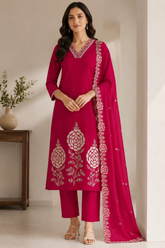 Rani Pink Cotton Embroidered Kurta Set with Dupatta