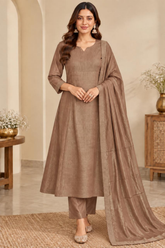 Stunning Mocha Roman Shimmer A-Line Kurta Set with Dupatta