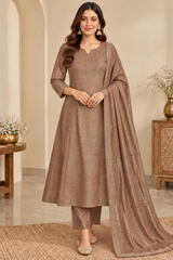 Stunning Mocha Roman Shimmer A-Line Kurta Set with Dupatta