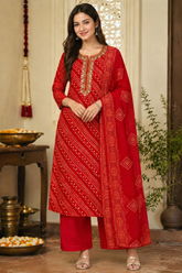 Graceful Red Modal Embroidered with Bandhani Printed Kurta Set with Dupatta