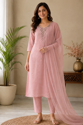 Dusty Rose Mul Chanderi Embroidered Kurta Set with Dupatta