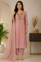 Elegant Mauve Shimmer Embroidered Kurta Set with Dupatta