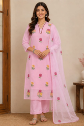 Baby Pink Cotton Embroidered Kurta Set with Dupatta