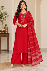 Vibrant Red Roman Silk Embroidered Kurta Pant Set with Dupatta
