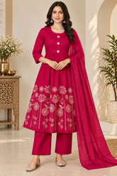 Beautiful Rani Pink Anarkali Style Embroidered Cotton Kurta Set with Dupatta