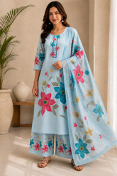 Graceful Sky Blue Floral Printed Linen Kurta Set with Dupatta for Women