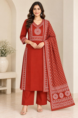 Pure Cotton Rust Printed Kurta Pant Set with Dupatta