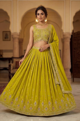 Lime Green Silk Blend Embroidered Lehenga Set with Dupatta (Sleeves Included)