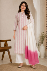 Elegant Pink Striped Cotton Kurta Set with White Dip-Dyed Dupatta