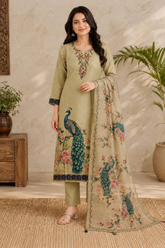 Sage Green Linen Kantha Embroidered Kurta Set with Printed Dupatta