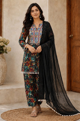 Floral Mirror Work Rayon Kurta Set with Farsi Bottom & Chiffon Dupatta