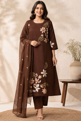 Chocolate Brown A-Line Cotton Embroidered Kurta Set with Dupatta