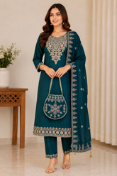 Teal Green Vichitra Silk Kurta Set with Embroidered Dupatta & Potli Bag