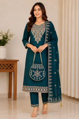 Teal Green Vichitra Silk Kurta Set with Embroidered Dupatta & Potli Bag