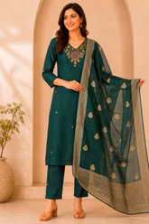 Teal Green Dola Silk Kurta Set with Embroidered Neckline & Woven Dupatta