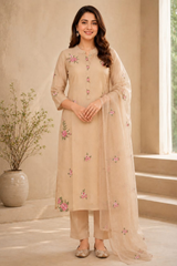 Beige Mul Chanderi Floral Embroidered Kurta Set with Dupatta