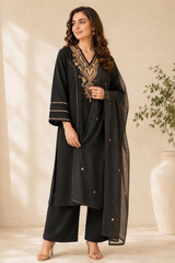 Black Embroidered Khadi Cotton Kurta Set with Dupatta